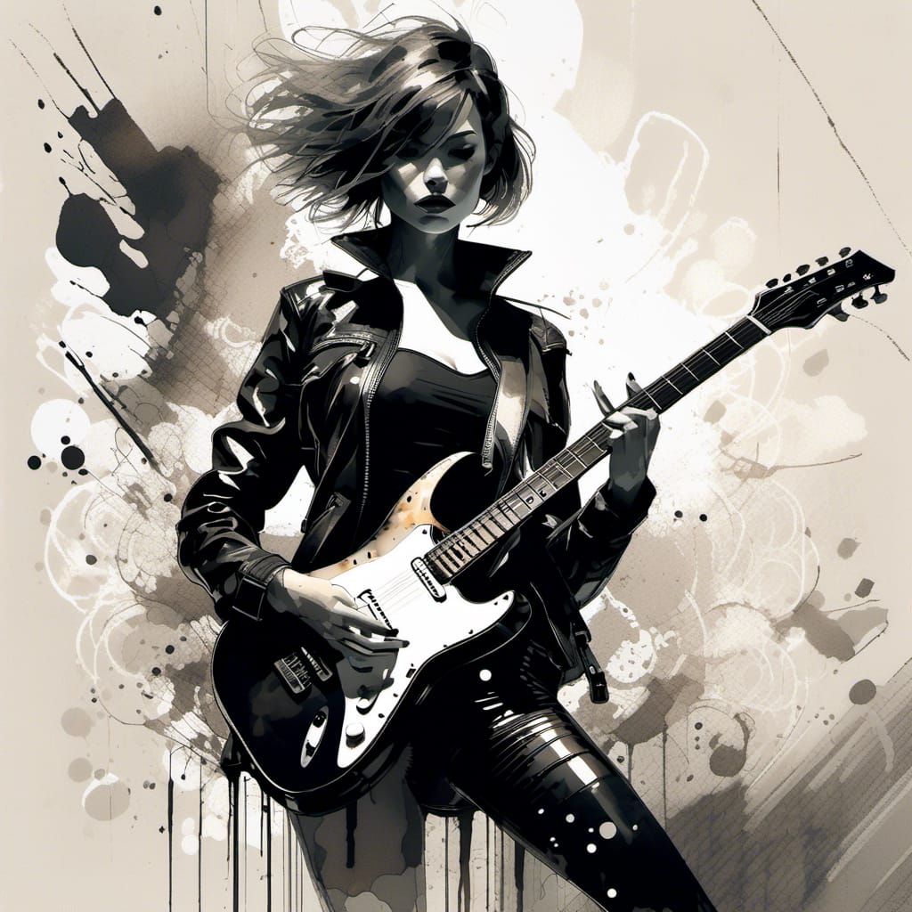 Woman with Electric Guitar in Ink Fusion Style