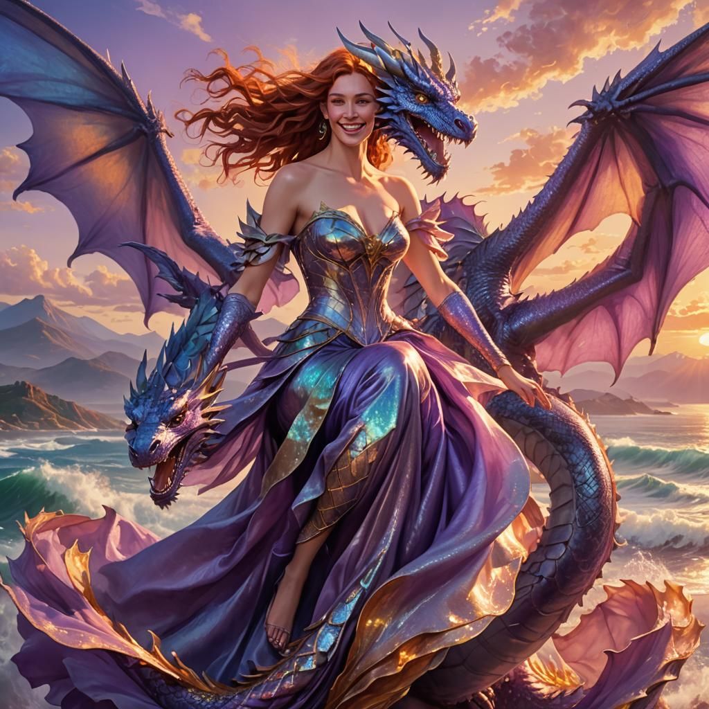 Auburn Woman Rides Lavender Dragon at Sunrise