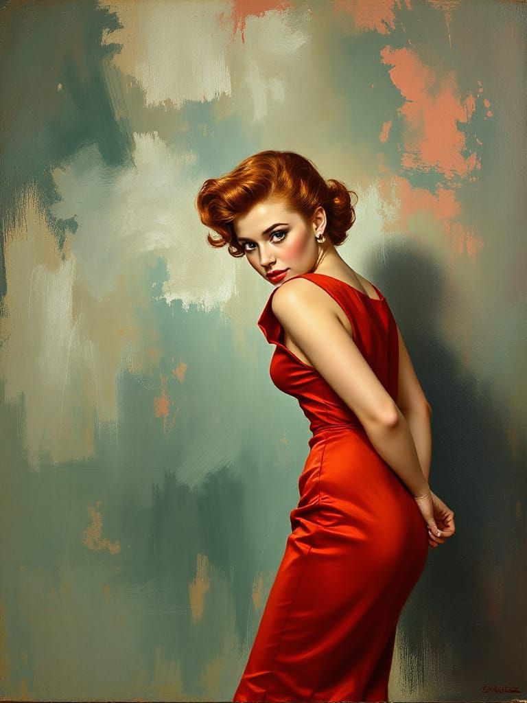 1950s Redhead Pin-Up in Oil Painting Style