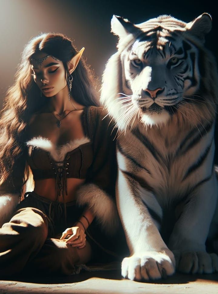 Elven Girl and White Tiger Cinematic Film Still