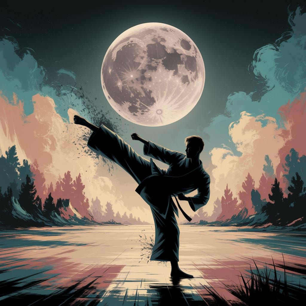 Karate Silhouette Under Dreamlike Moon in Impressionistic St...