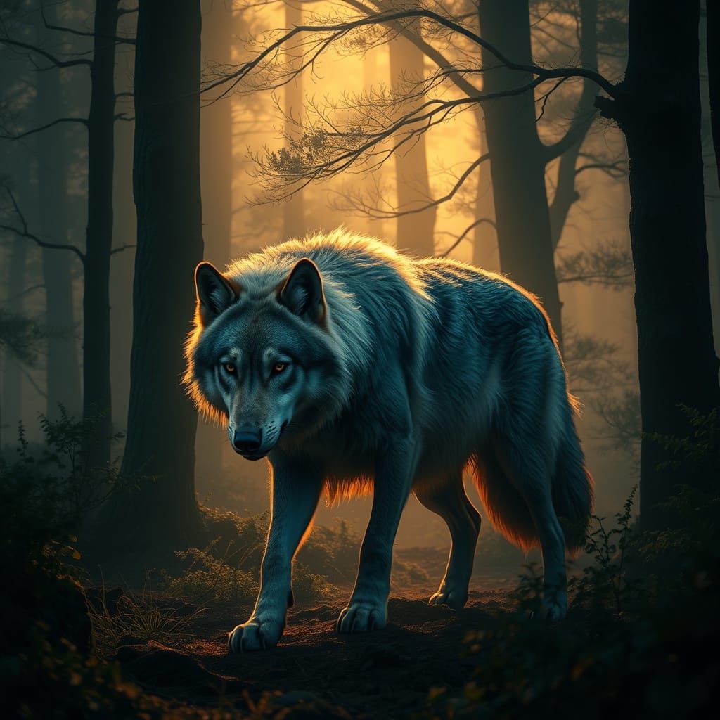 Twilight Wolf Prowls Misty Forest