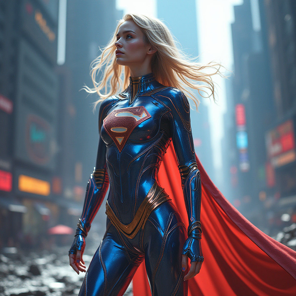 Supergirl: Biomechanical Cyborg in Dystopian Cityscape