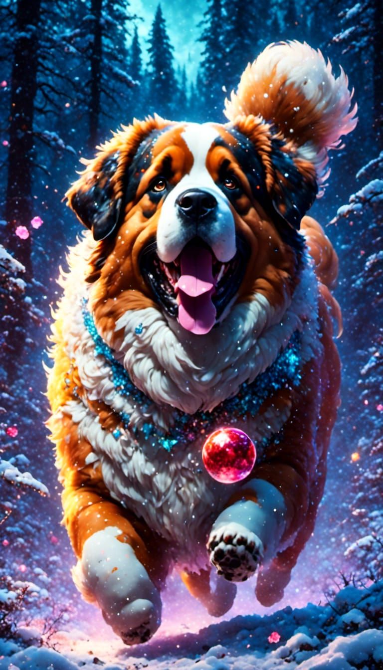 Happy Saint Bernard Dog Playing in Winter Snow