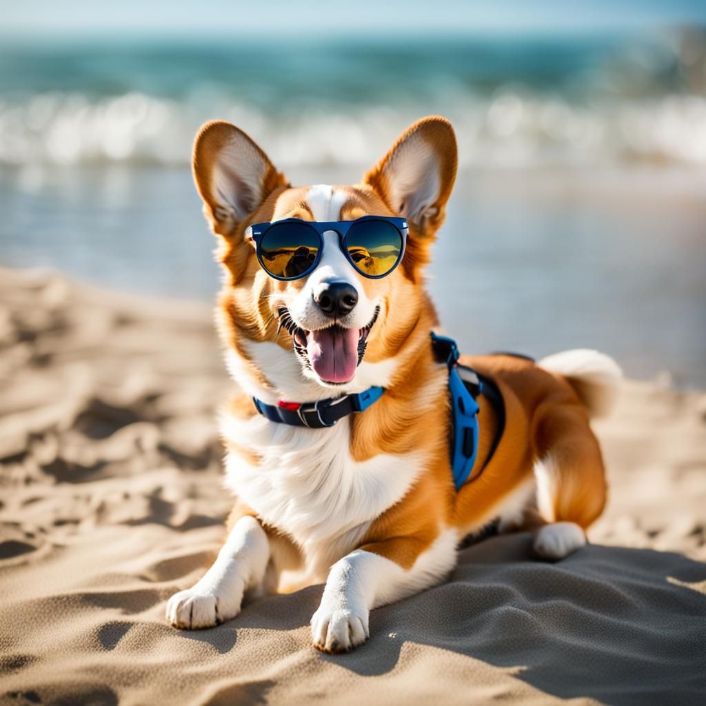 Corgi Dog on Beach with Sunglasses: Photography