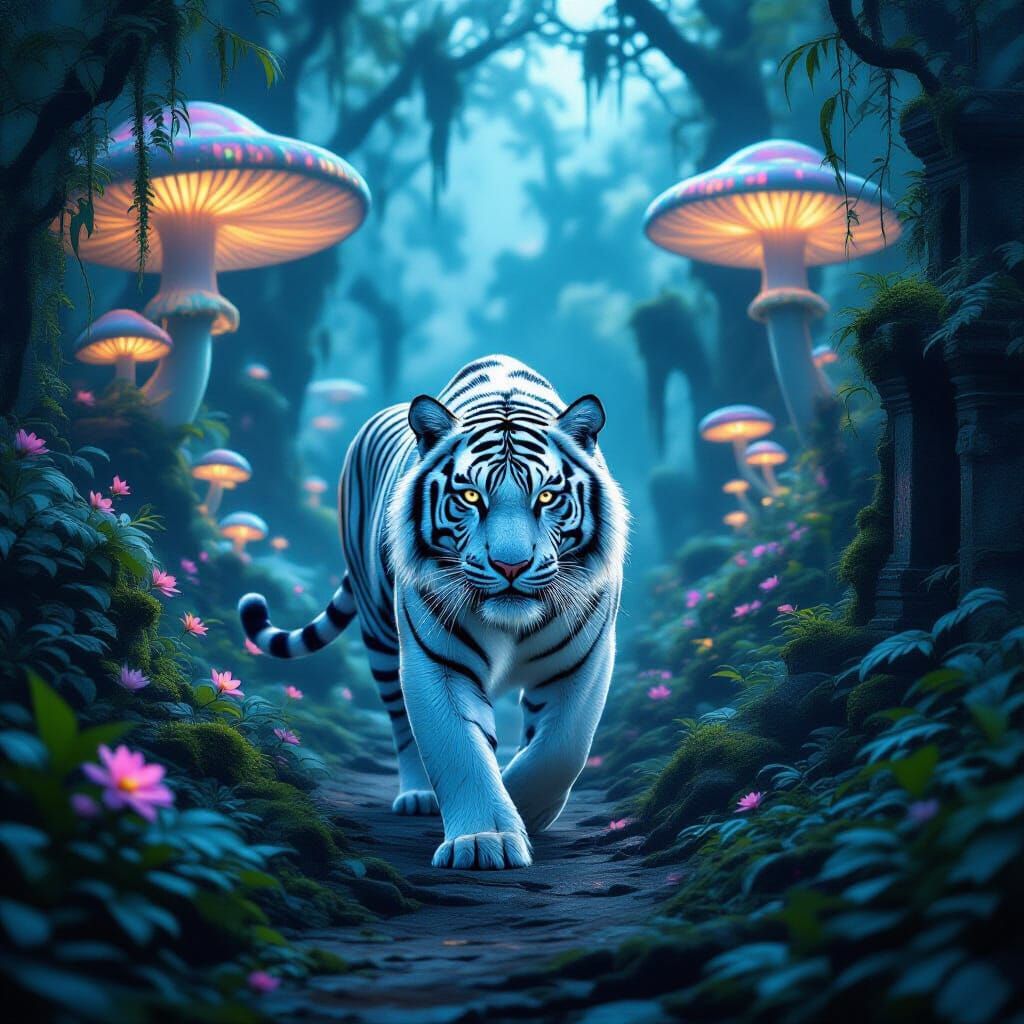 Majestic White Tiger in Bioluminescent Jungle
