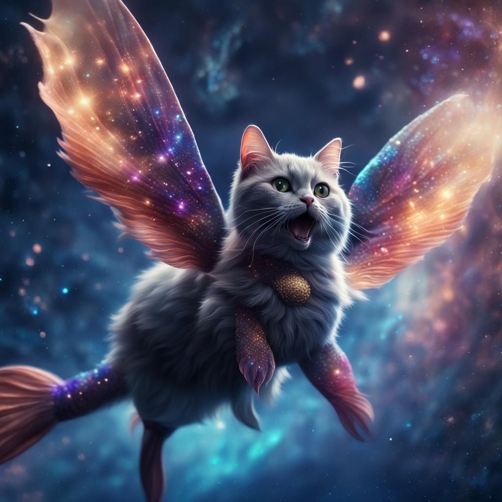 Mermaid Cat Flies Through Galaxy: Digital Art