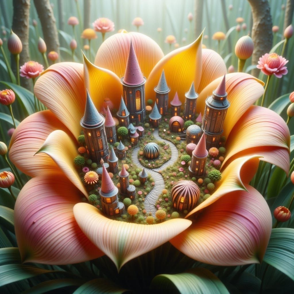 Whimsical Gnomes in a Miniature Village and Flower