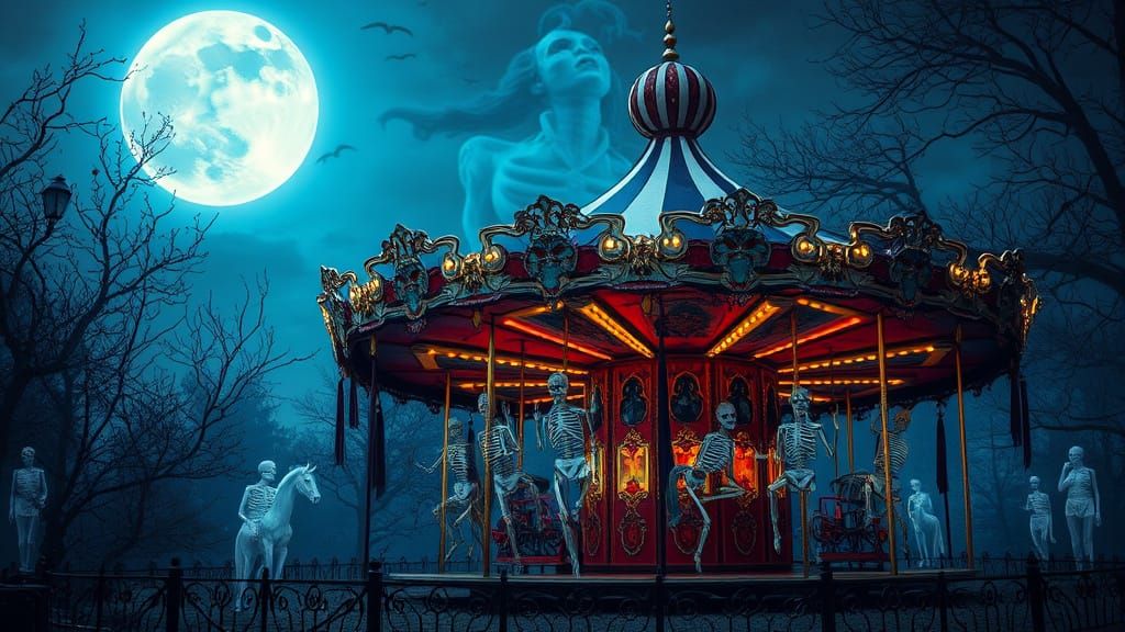 A phantasmagorical merry-go-round of skeletal shenanigans twirls like a deranged ballerina in a moonlit boneyard, where ...