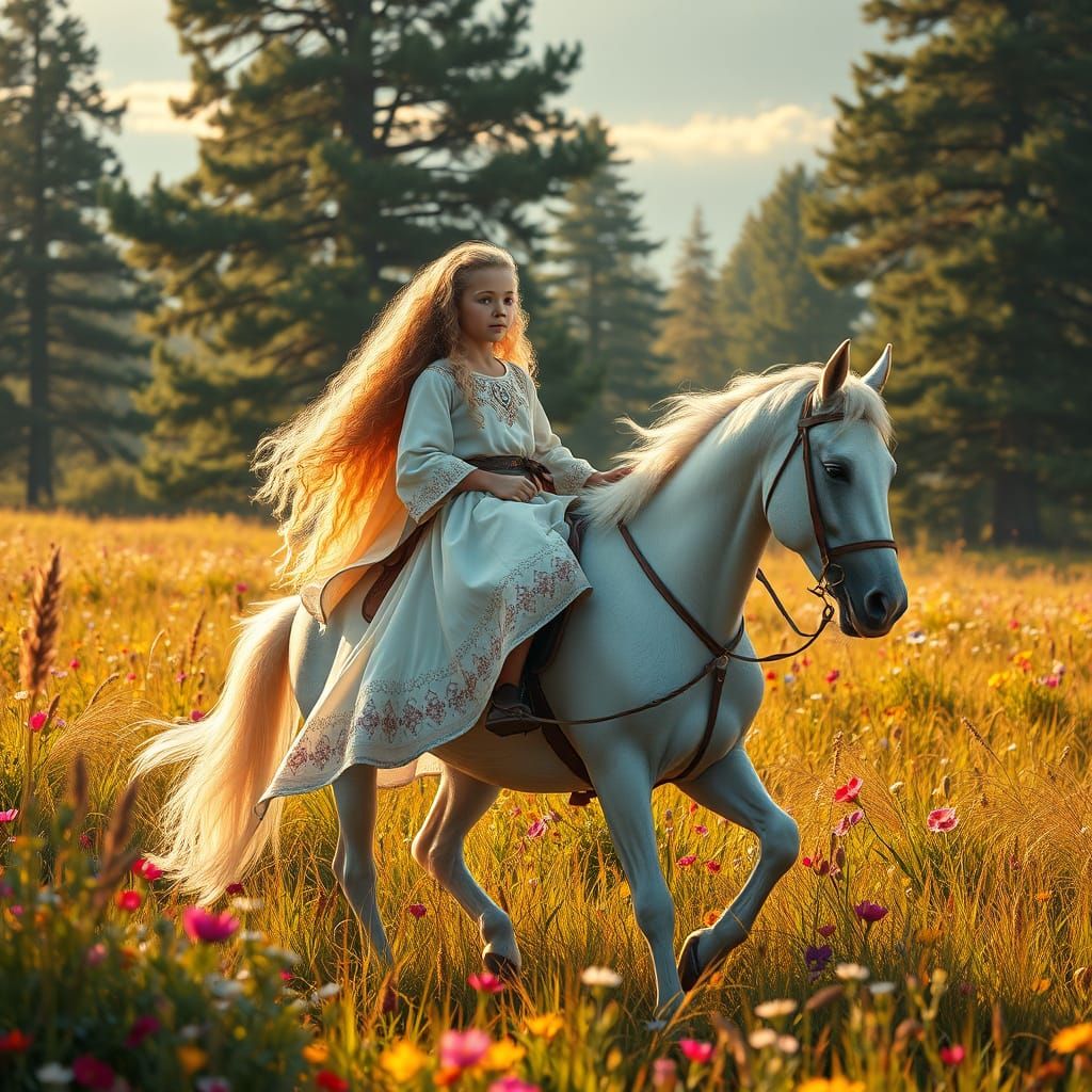 Young Equestrian Rides Majestically Through Vibrant Meadow
