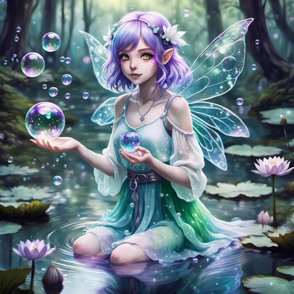 Anime Fairy Creates Water Lily Bubbles