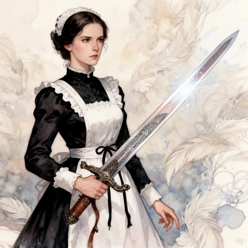 Victorian Maid with Sword in Watercolor Style