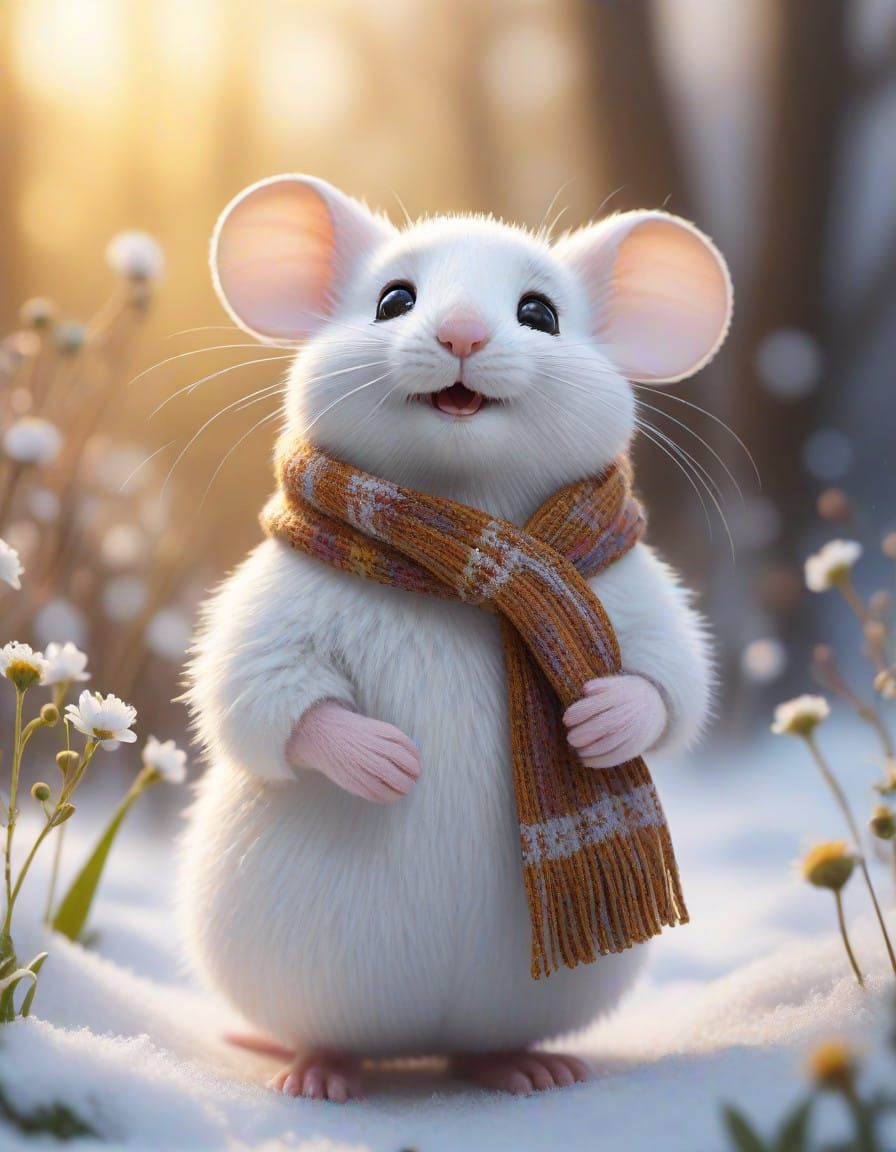 Whimsical Winter Wonderland Scene with Joyful Girl and Mouse