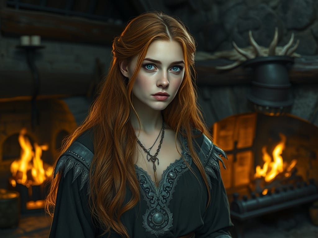 Viking Woman in Cozy Nighttime Scene