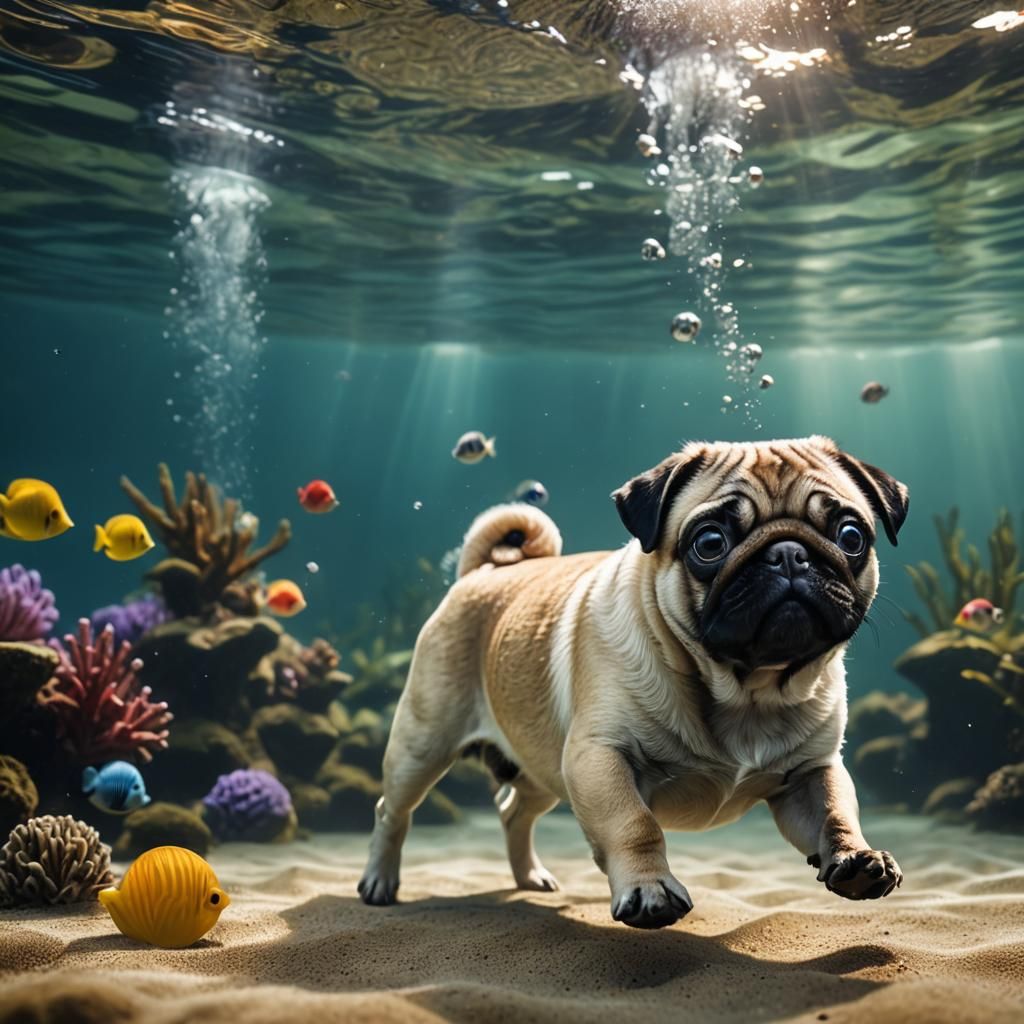 Underwater Pug Dog: Photorealistic Macro Photography