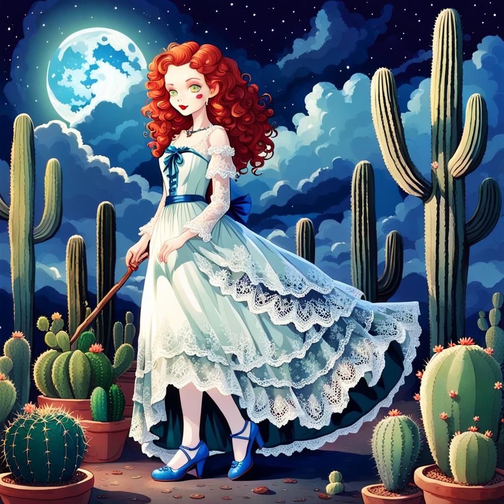 Beautiful Witch in Sumptuous Gown at Night