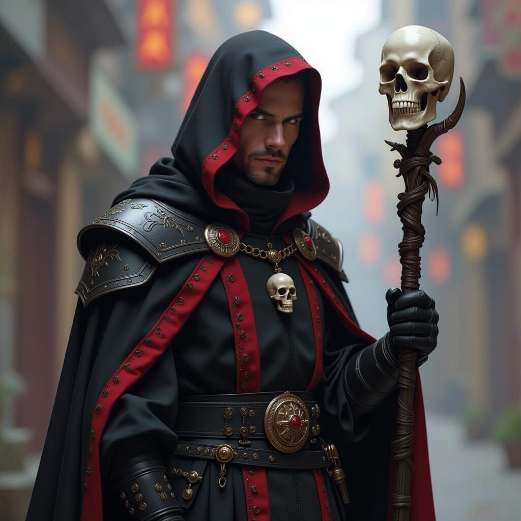 Dark Inquisitor with Skull Staff in Hyperrealistic Style