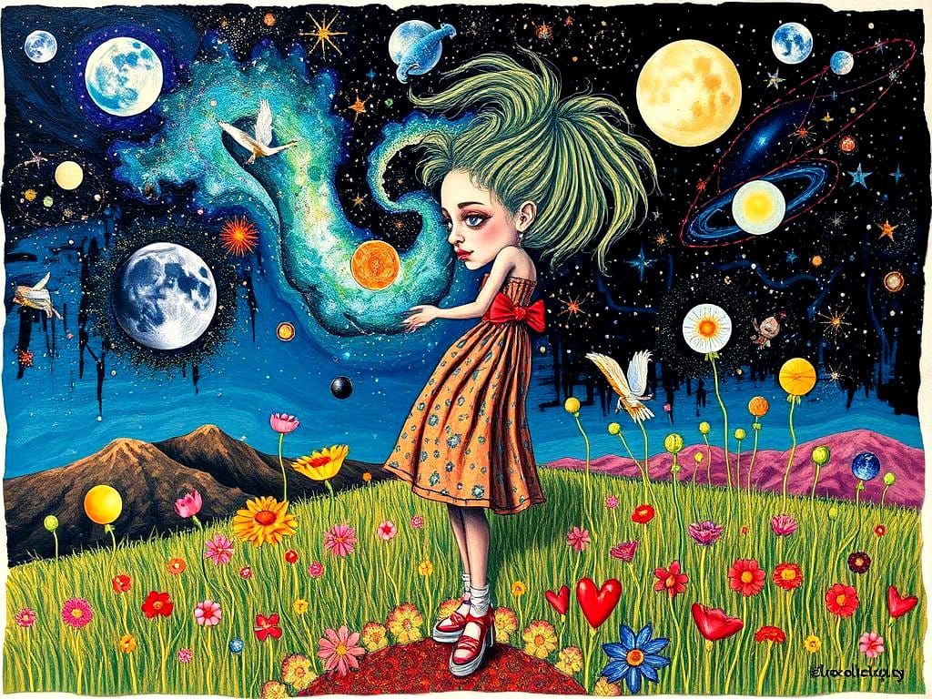 Galaxy Girl in Surrealist Mixed Media Style