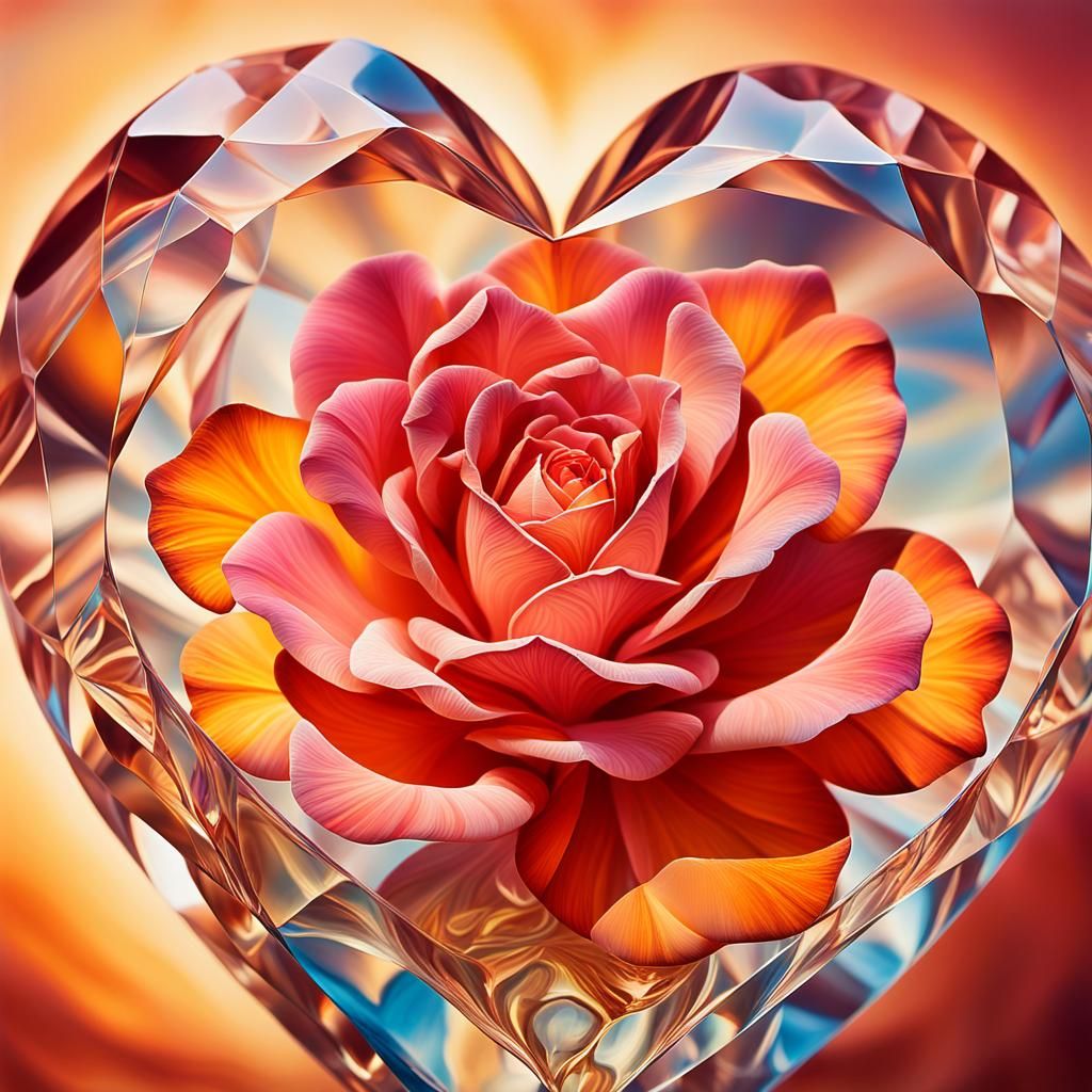 Desert Rose in Crystal Heart: Surreal Oil Painting