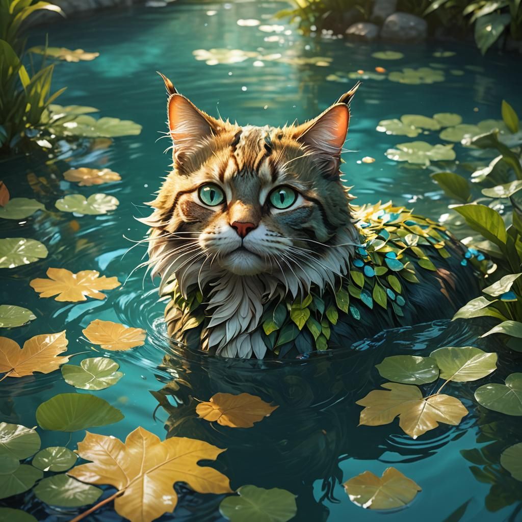 Cat in Pond: Whimsical Fantasy Concept Art