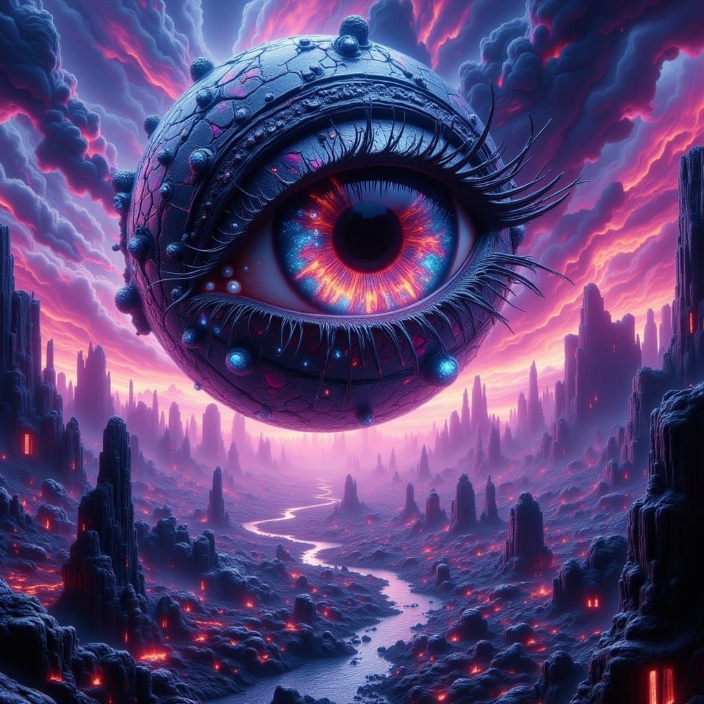 Gigantic Cybernetic Eye Hovers Above Futuristic City in Neon...