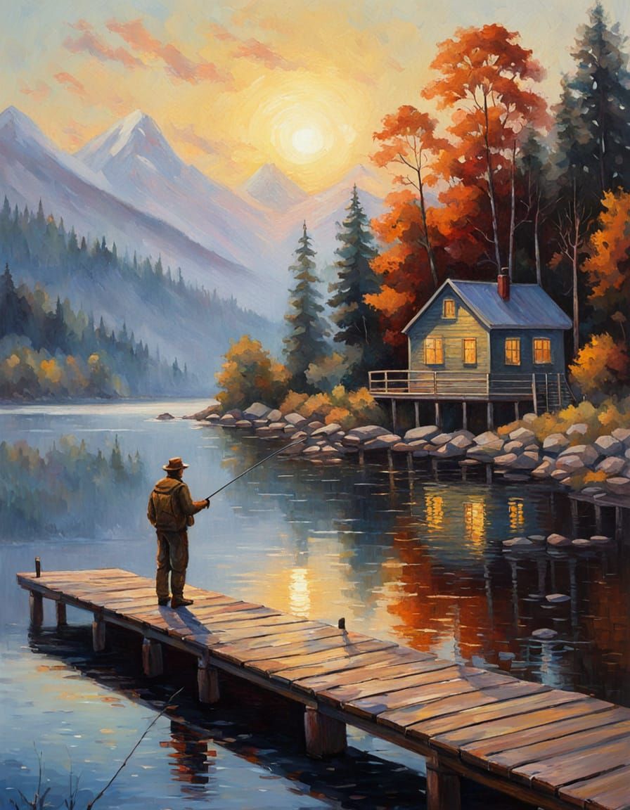 Misty Autumn Lake Sunset Oil Painting