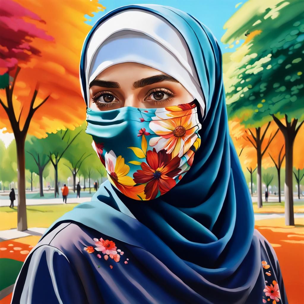 Beautiful Hijabi Woman in Park with Floral Mask