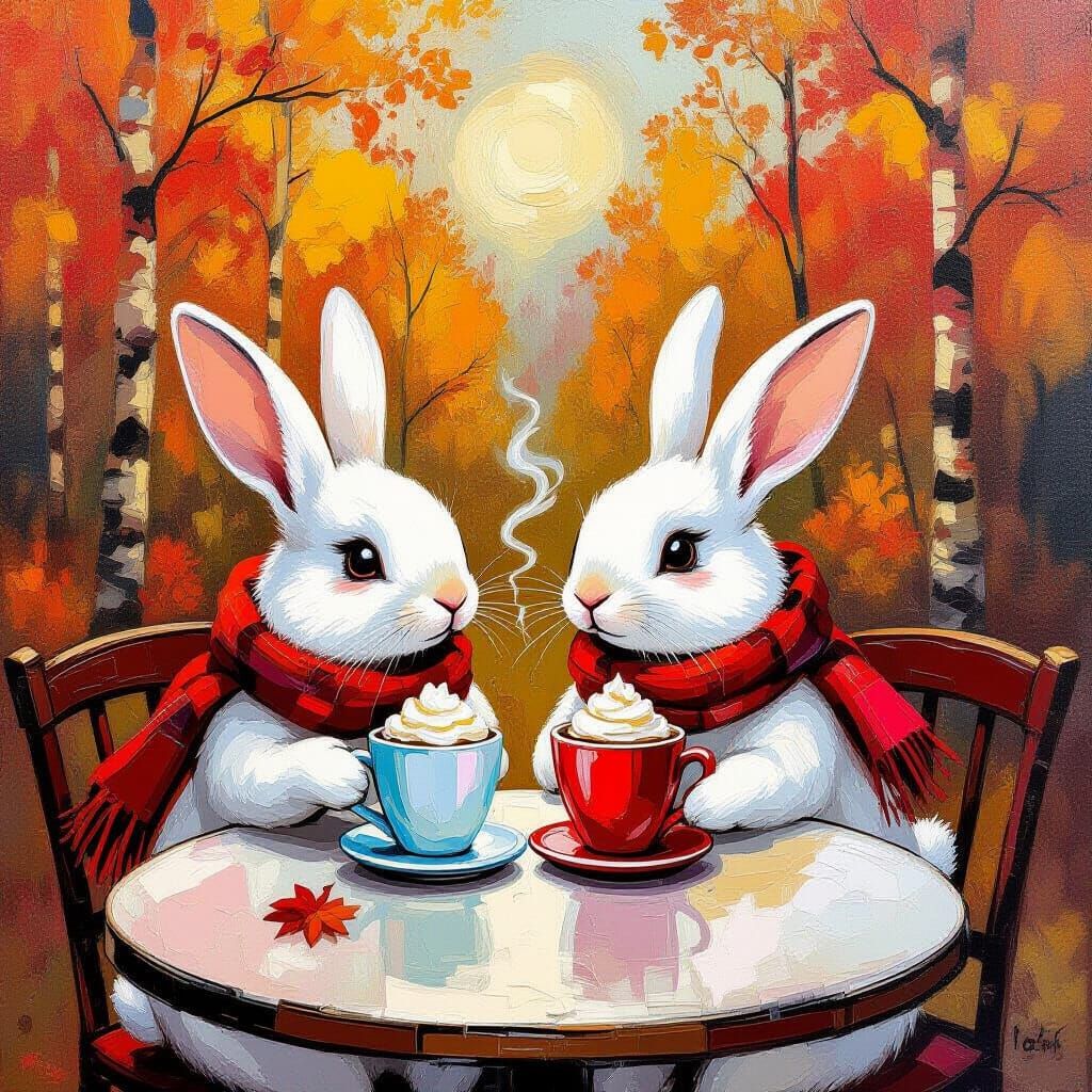 Rabbits in Love at Autumn Cafe, Neo-Impressionist Style