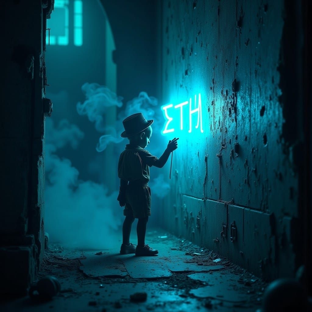 Eerie Figure Inscribes Wall in Dark Surreal Scene