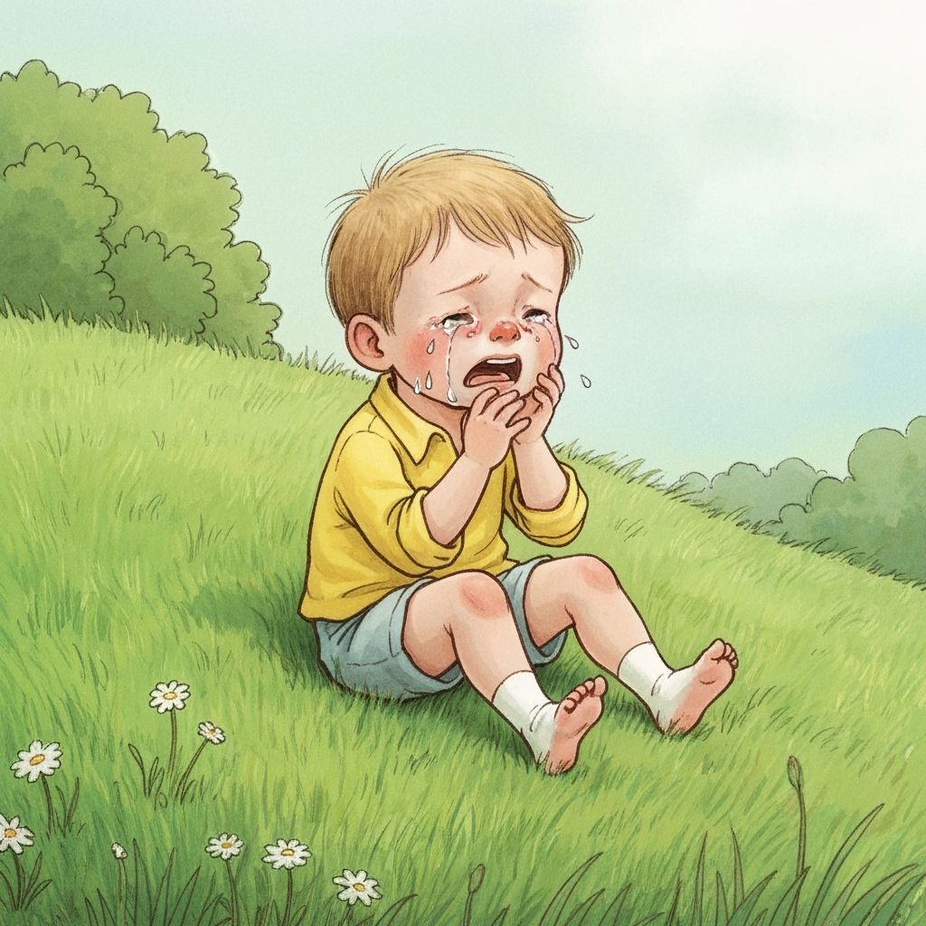 Boy Crying on Grassy Hill in Whimsical Style