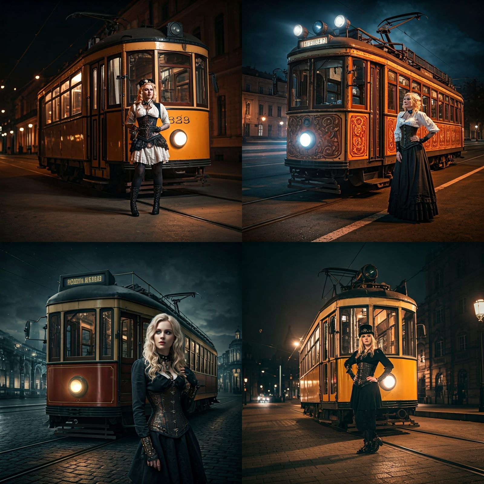 Steampunk Woman Posing with Tram at Night