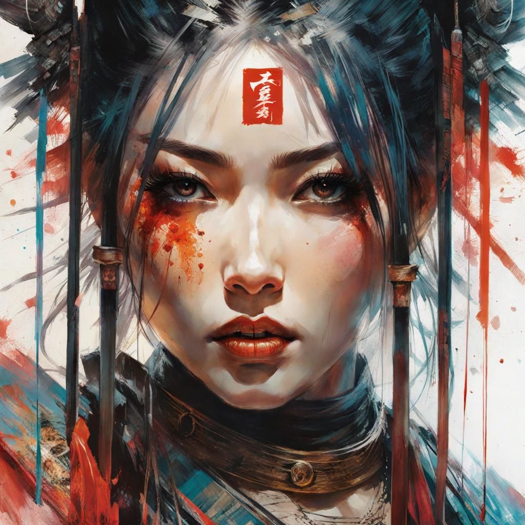 Beautiful Woman with Samurai Sword: Digital Art