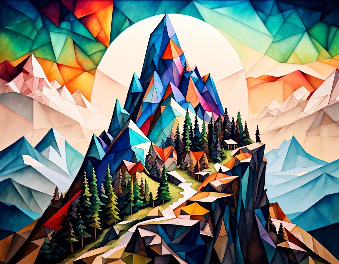A beautiful low poly fantastical view from a mountaintop  sc...