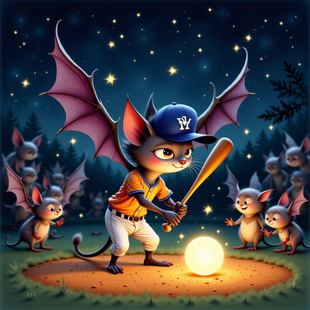 Cute Bat Player Bats Glowing Ball in Cartoon Baseball Game