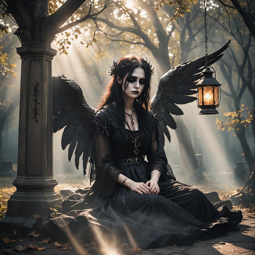 Gothic Fallen Angel Crying by Lantern Light