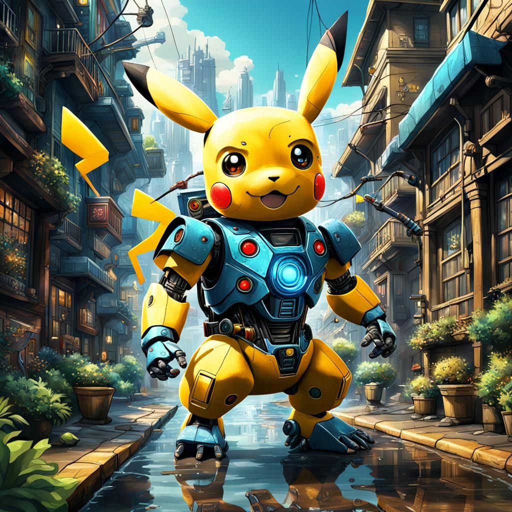 Robot Pikachu in Colorful Pencil Drawing Style