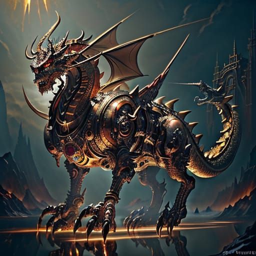 Mechanical Dragon Soaring Through Steampunk Islands