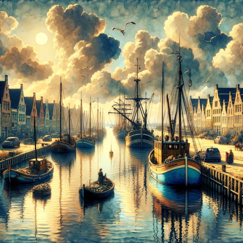 Zierikzee Harbor with Mussel Trawlers: Watercolor Fantasy