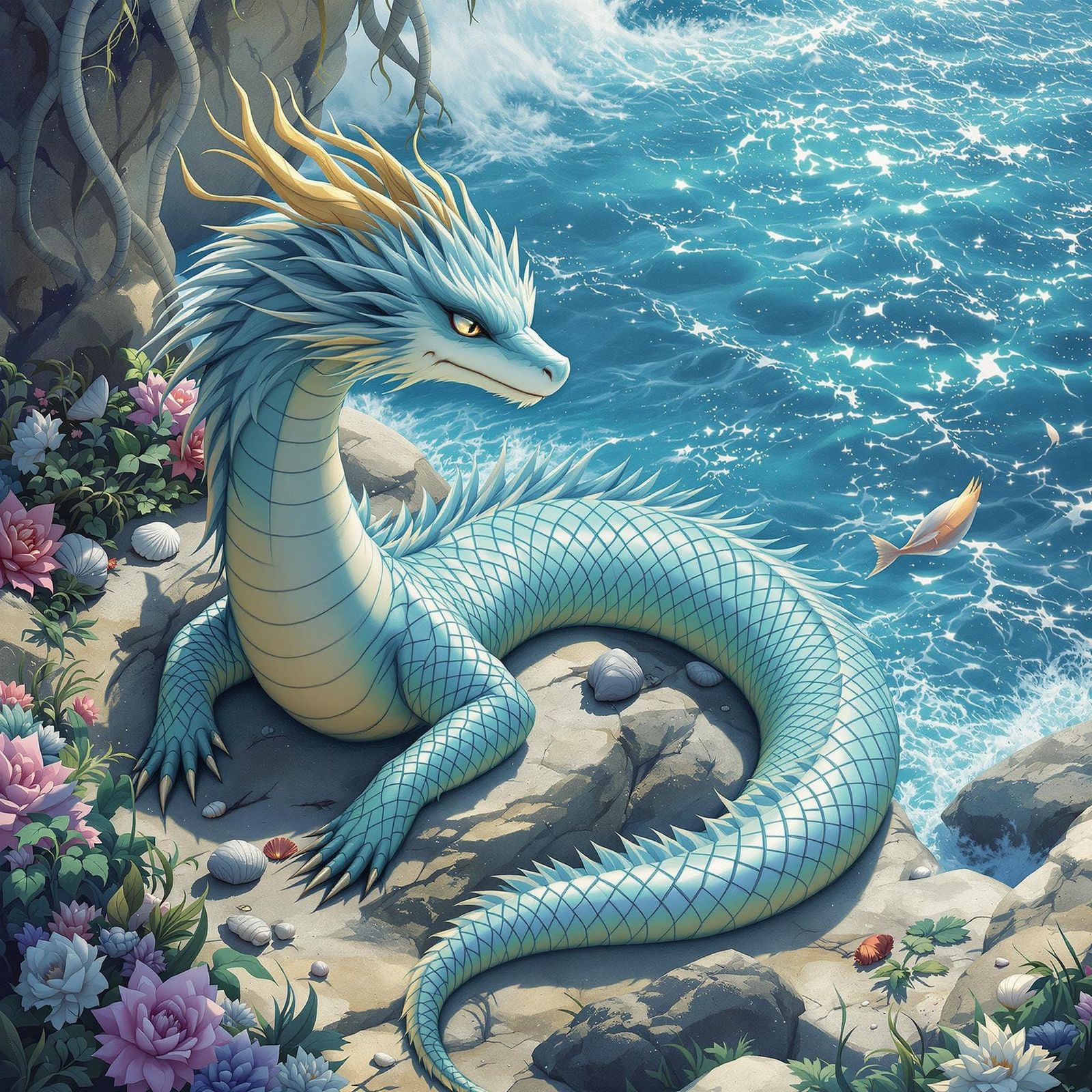 Whimsical Dragon Overlooks Turquoise Sea