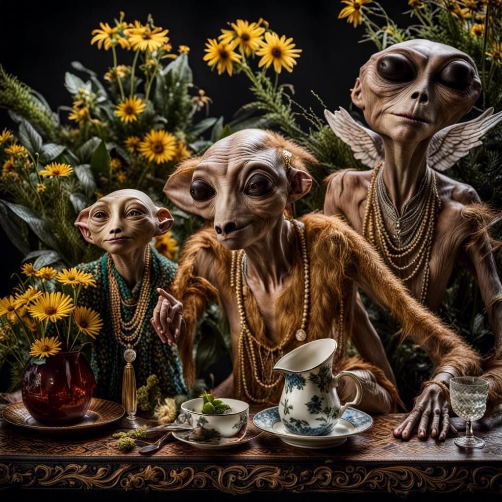 Surreal Alien Restaurant Celebration in Gritty Hyperrealism