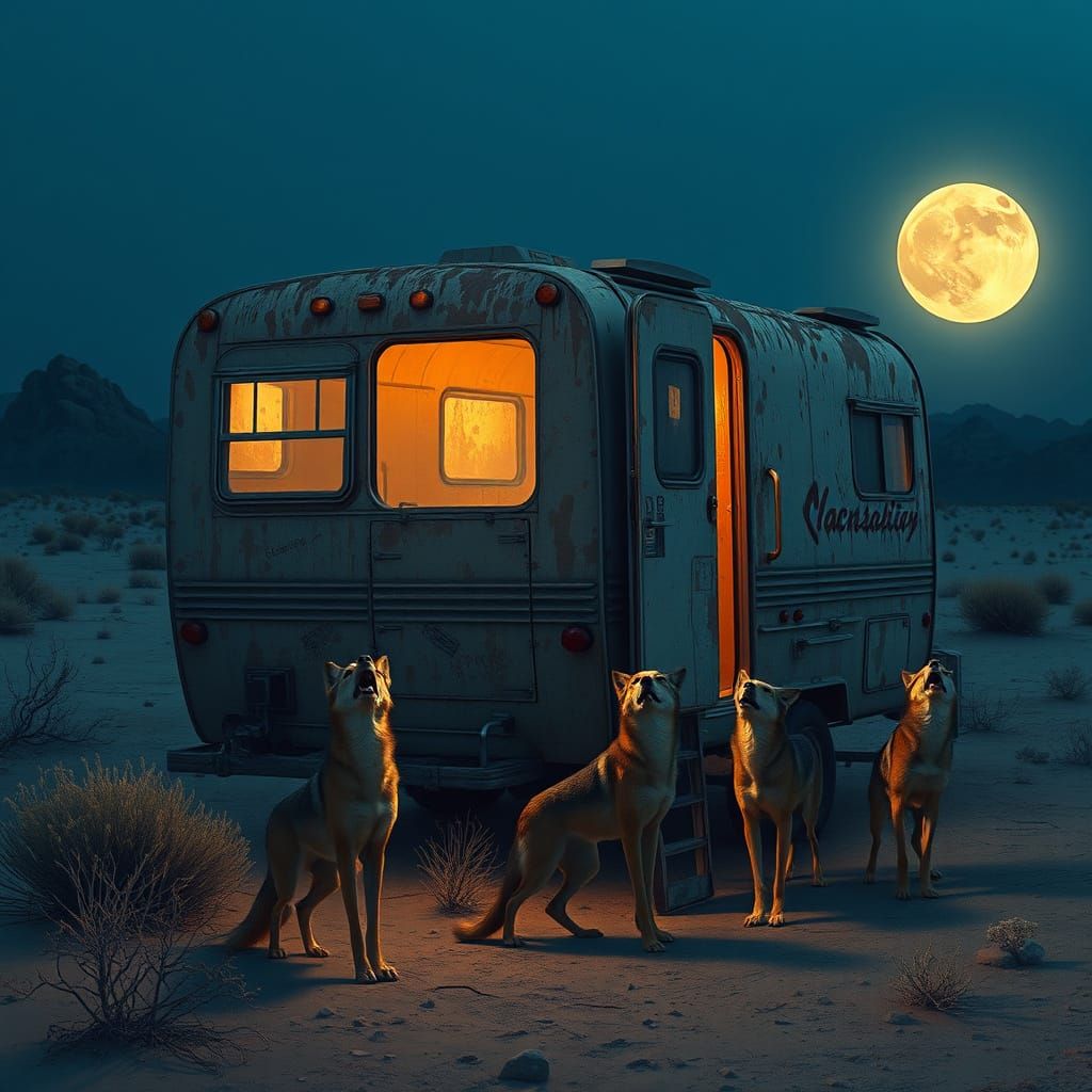 Coyotes Howling at Moon Around Desert Trailer