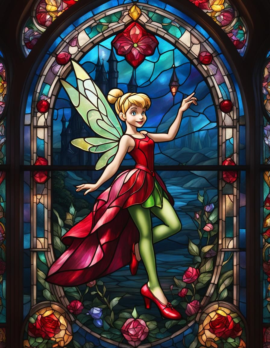 A stained glass window with Tinkerbell.