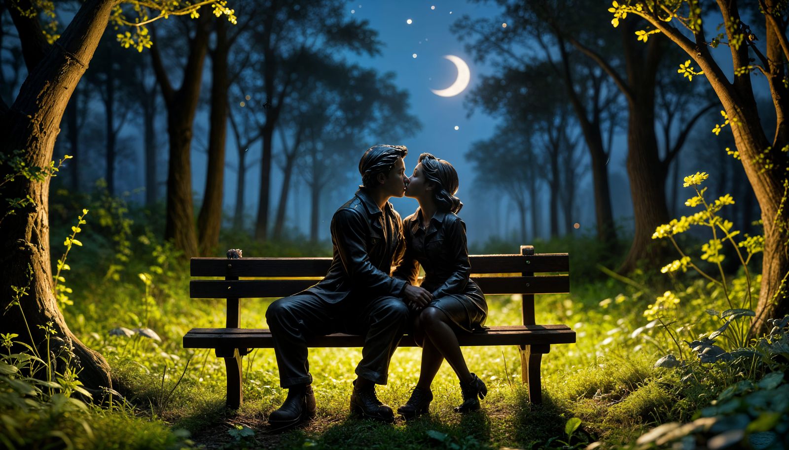 Romantic Couple Under Crescent Moonlight