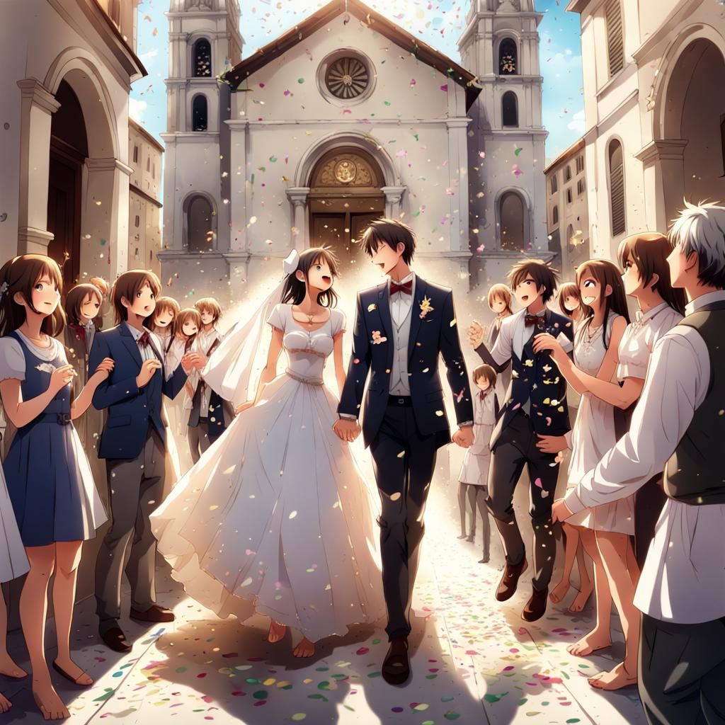 Joyful Newlyweds Celebrate in Anime Style