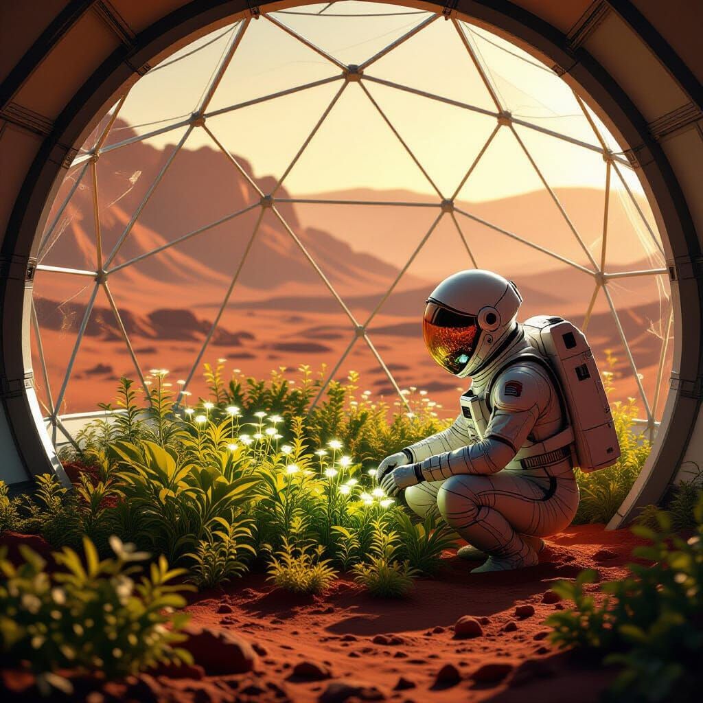 Astronaut Tends Glowing Garden on Mars in Geodesic Dome
