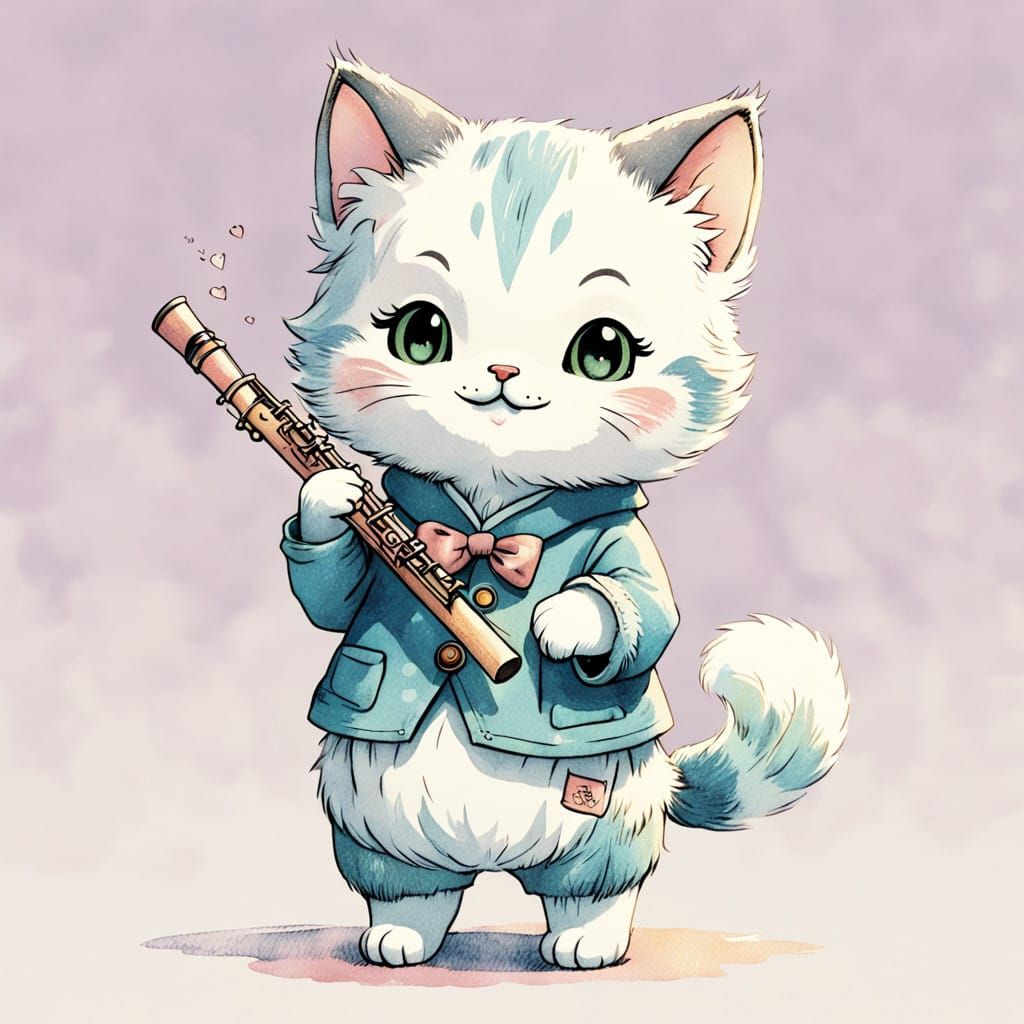 Whimsical Toy Cat Cub Plays Flute in Watercolor Style