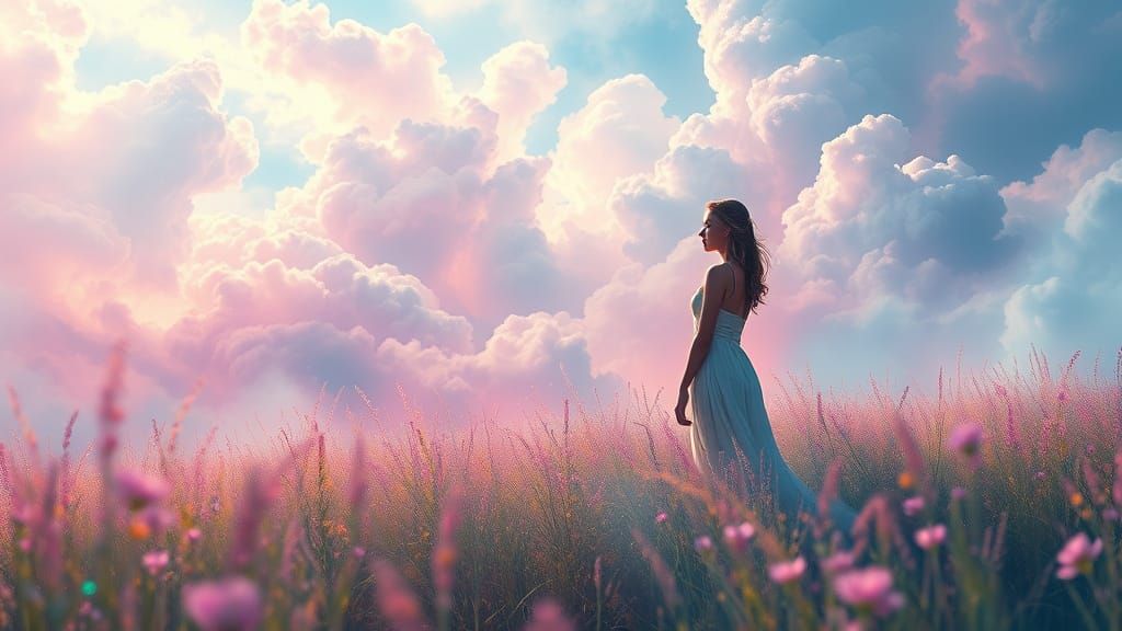 Iridescent Meadow: A Serene Scene in Pastel Hues