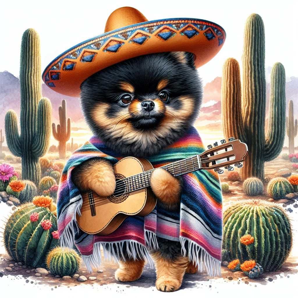 Vibrant Desert Watercolor Painting of a Pomeranian in a Somb...