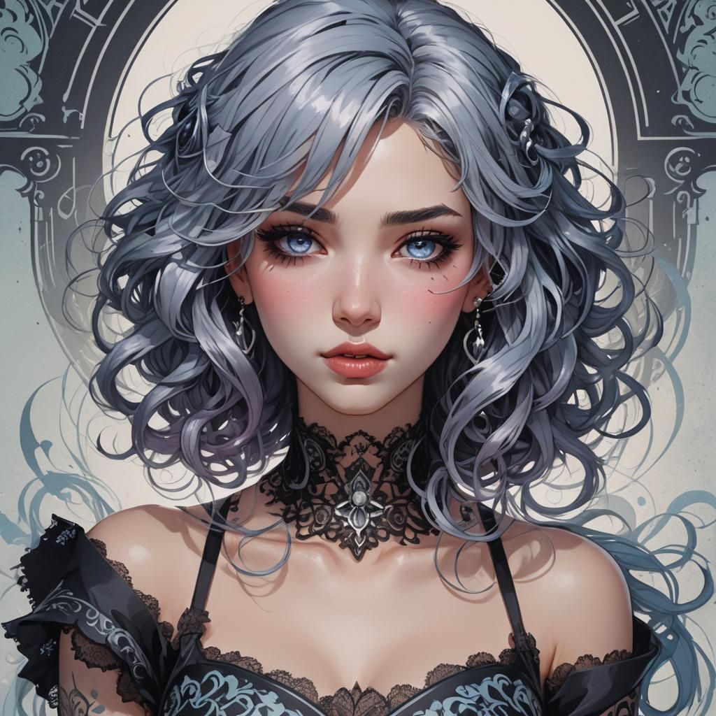 Playful Gothic Anime Girl Portrait in Art Nouveau Style