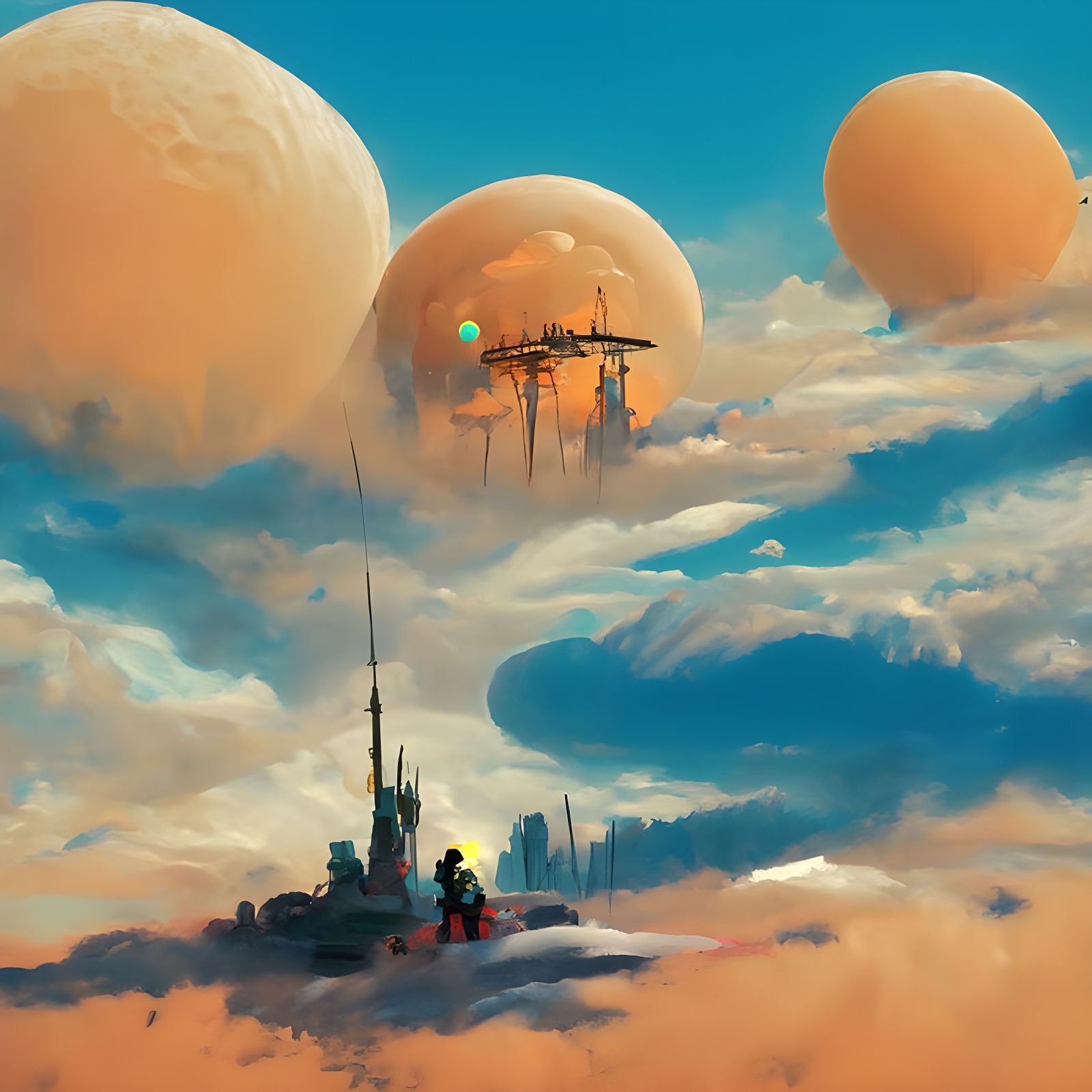 Futuristic Cloud Colony with Two Moons, Digital Oil Painting
